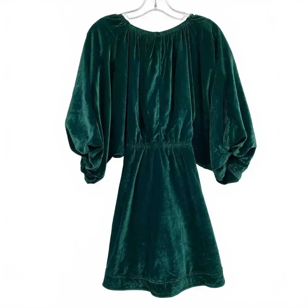 Free People Green Velvet Puff Sleeve Mini Dress | Women’s XS